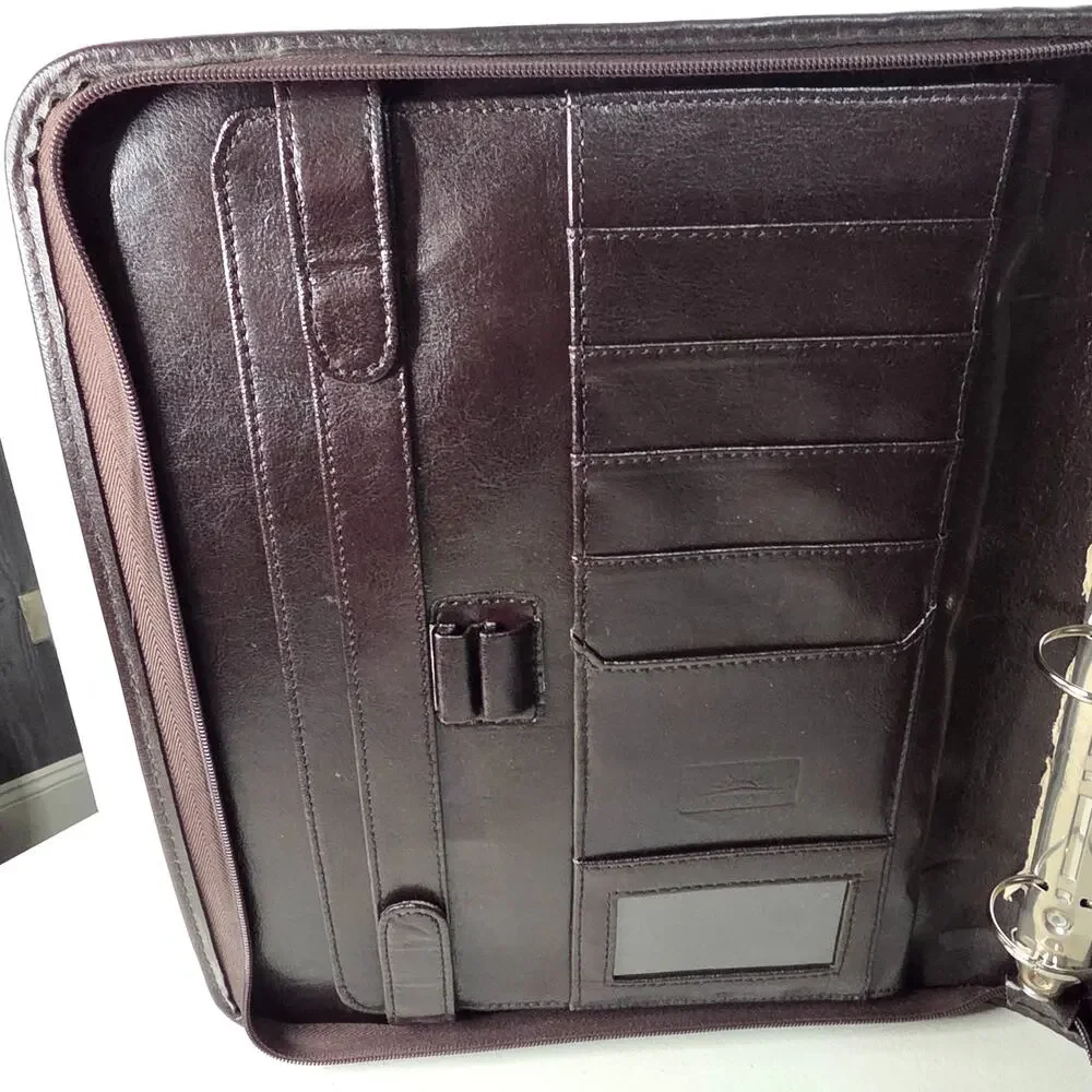 Black Leather Zip Portfolio Organizer 3 Ring Binder Padfolio Briefcase Handles
